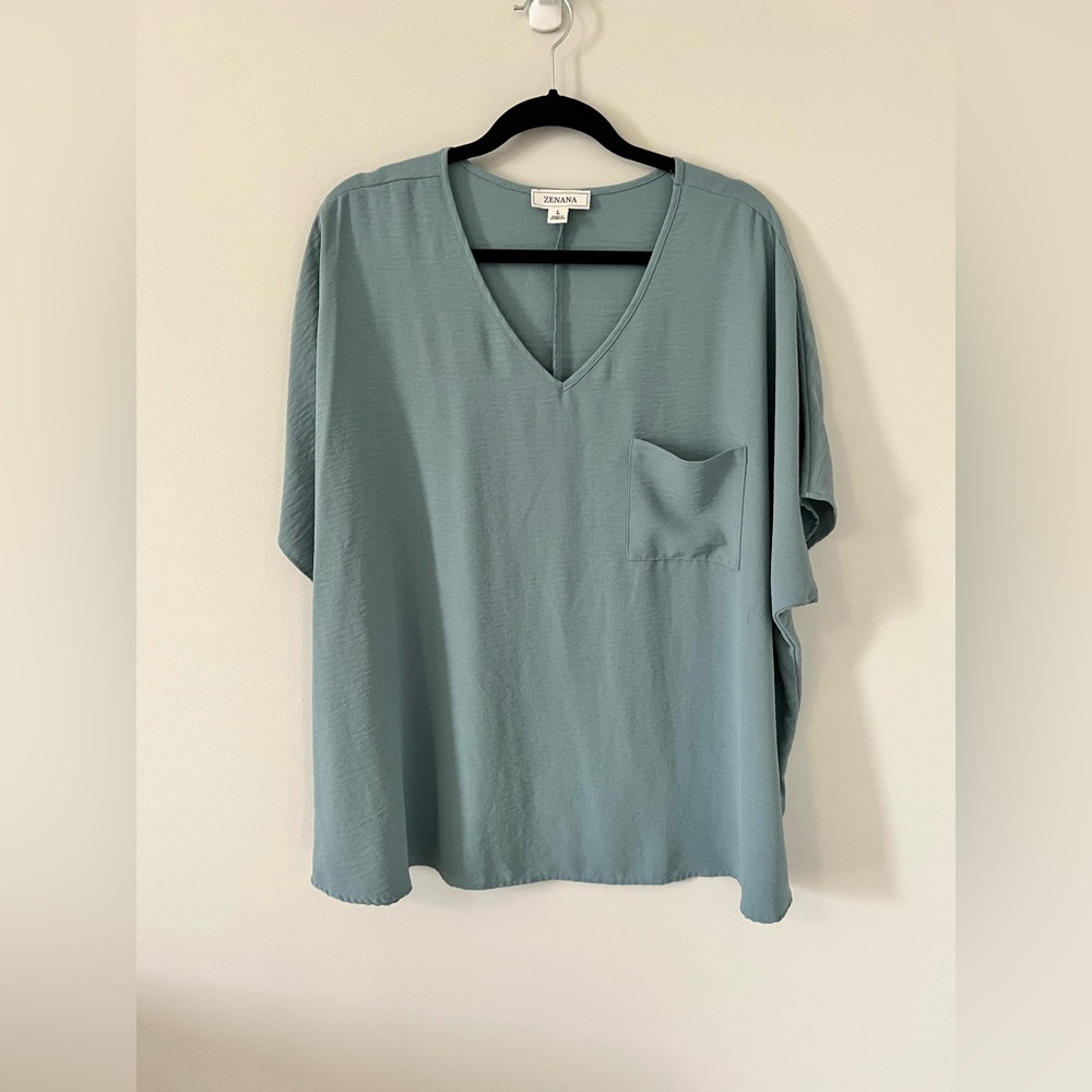 Zenana Outfitters Relaxed V-Neck Pocket Tunic in Dusty Teal